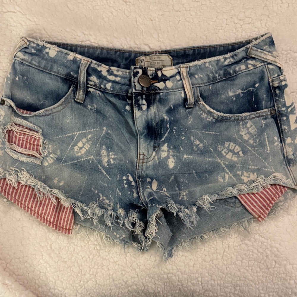 Free People Blue Distressed Denim Jean Shorts with Red Stripe Patch